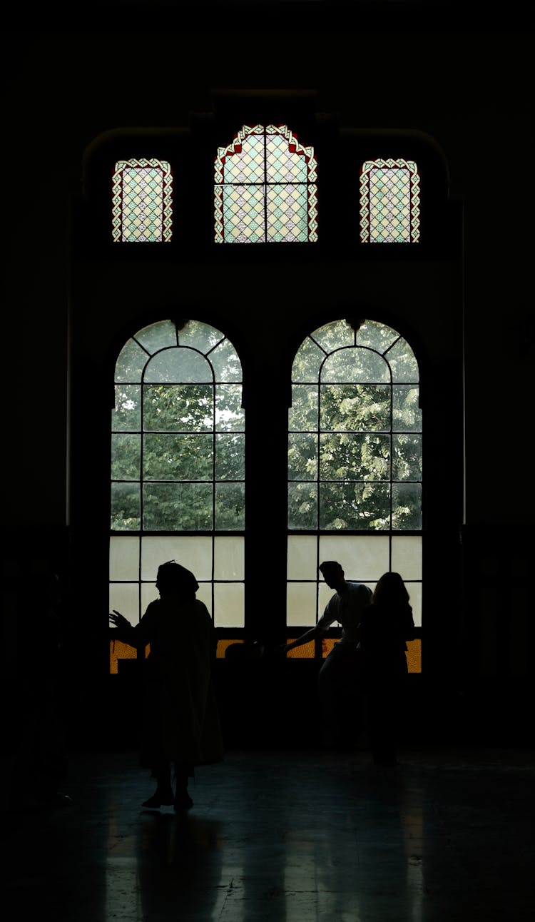 Silhouettes Of People Standing In Front Of Windows In A Dark Room