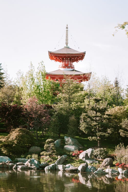 Japanese garden in the south of Russia. Created by one of the inhabitants of the city. Flowers, trees, rivers, waterfalls, Japanese buildings, culture