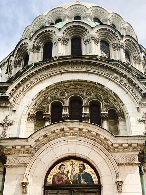 Free View of Alexander Nevsky Cathedral's intricate dome and facade in Sofia, Bulgaria. Stock Photo