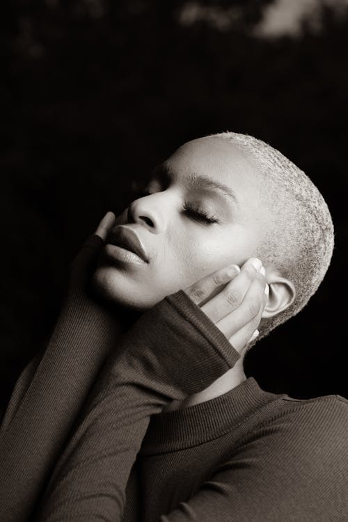 Black and White Photo of a Woman with Short Blonde Hair