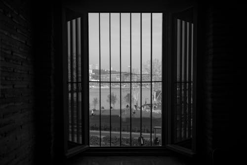 Park and Lake behind Window Bars in Black and White