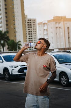 Man in sunglasses and casual t-shirt drinking water by parked cars in urban setting.