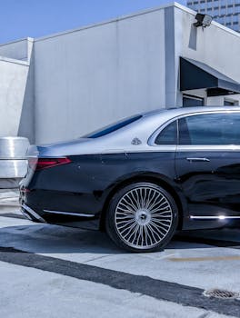 Sleek rear view of a luxury black car parked on an urban rooftop with striking alloy wheels.