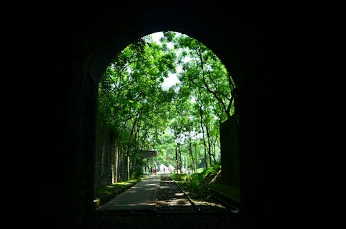 View of a Small Train Station from the Tunnel 