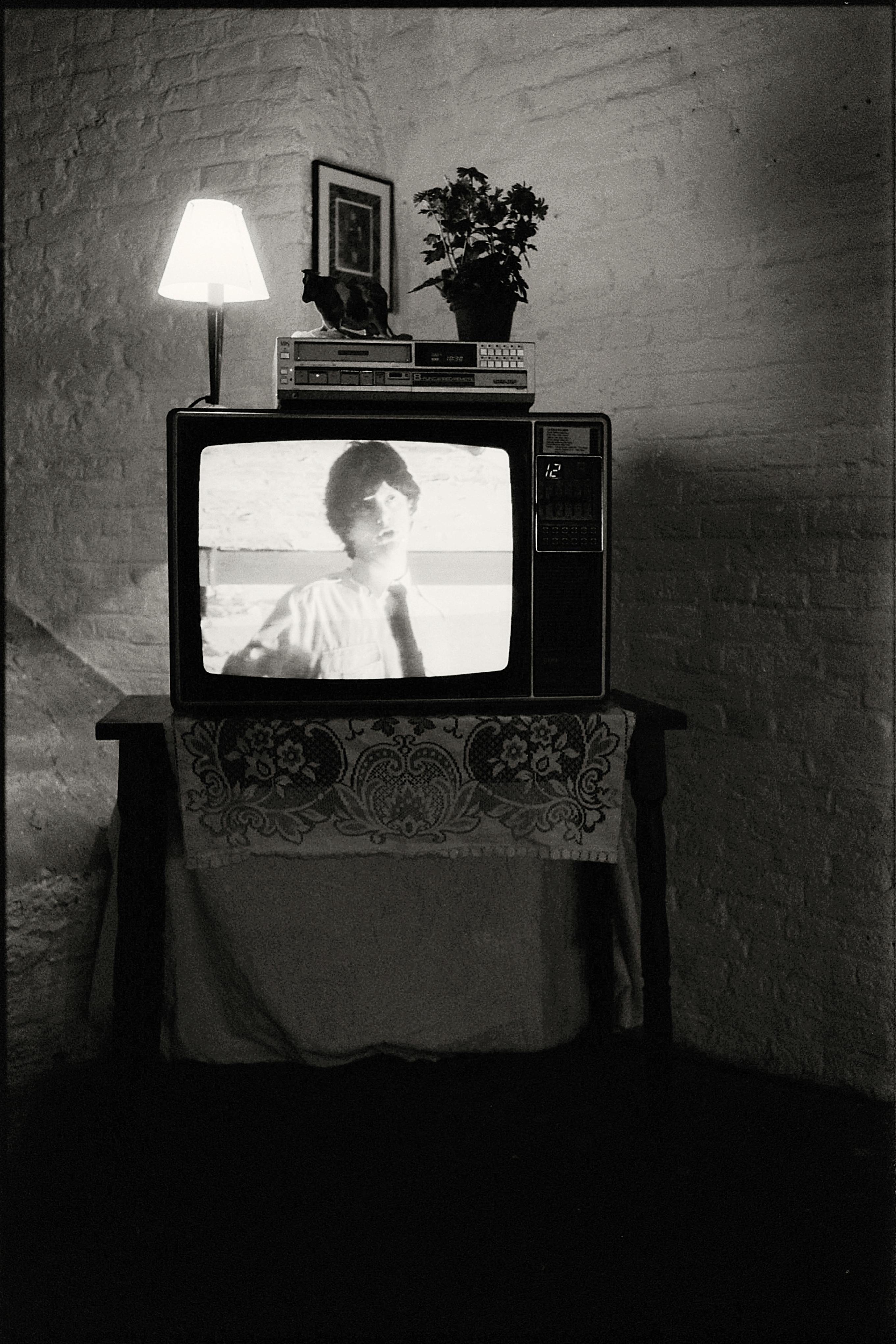 a vintage tv in black and white