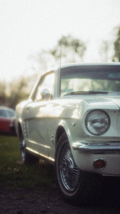 Front of a White Vintage Car Standing Outdoors