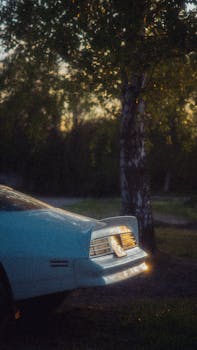 A retro car parked on city streets at sunset, surrounded by trees, capturing a vintage vibe.