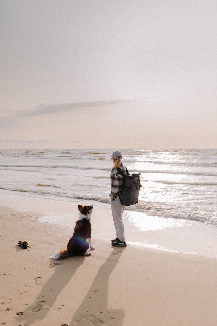 Woman With Dog On Beach