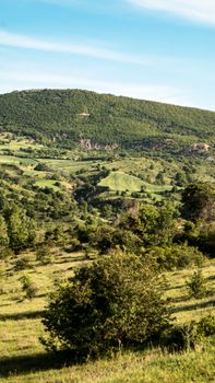 A scenic view of lush green rolling hills and forests under a clear blue sky, evoking peace.