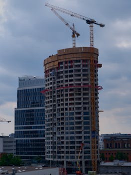 Skyscraper under construction in a bustling urban area with cranes and cityscape.