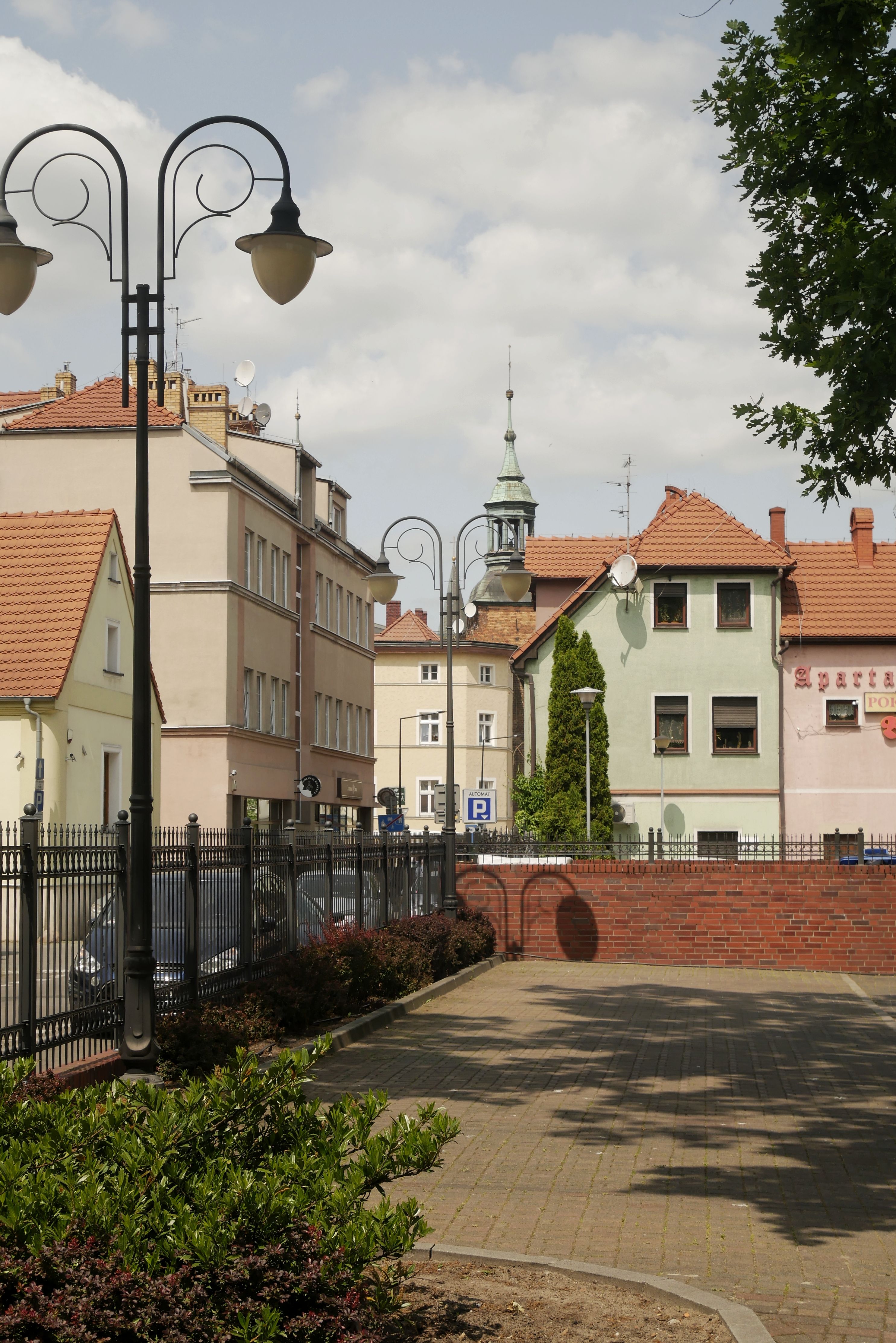 Authentic Polish architectural landscape in Zielona Góra's charming old town. Ideal for urban travel themes.