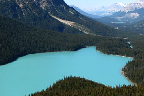 Free Stunning aerial view of a turquoise lake surrounded by dense forest and mountains under a clear blue sky. Stock Photo