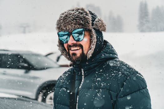 Man in winter attire smiling in snowfall, wearing an ushanka and reflective sunglasses.