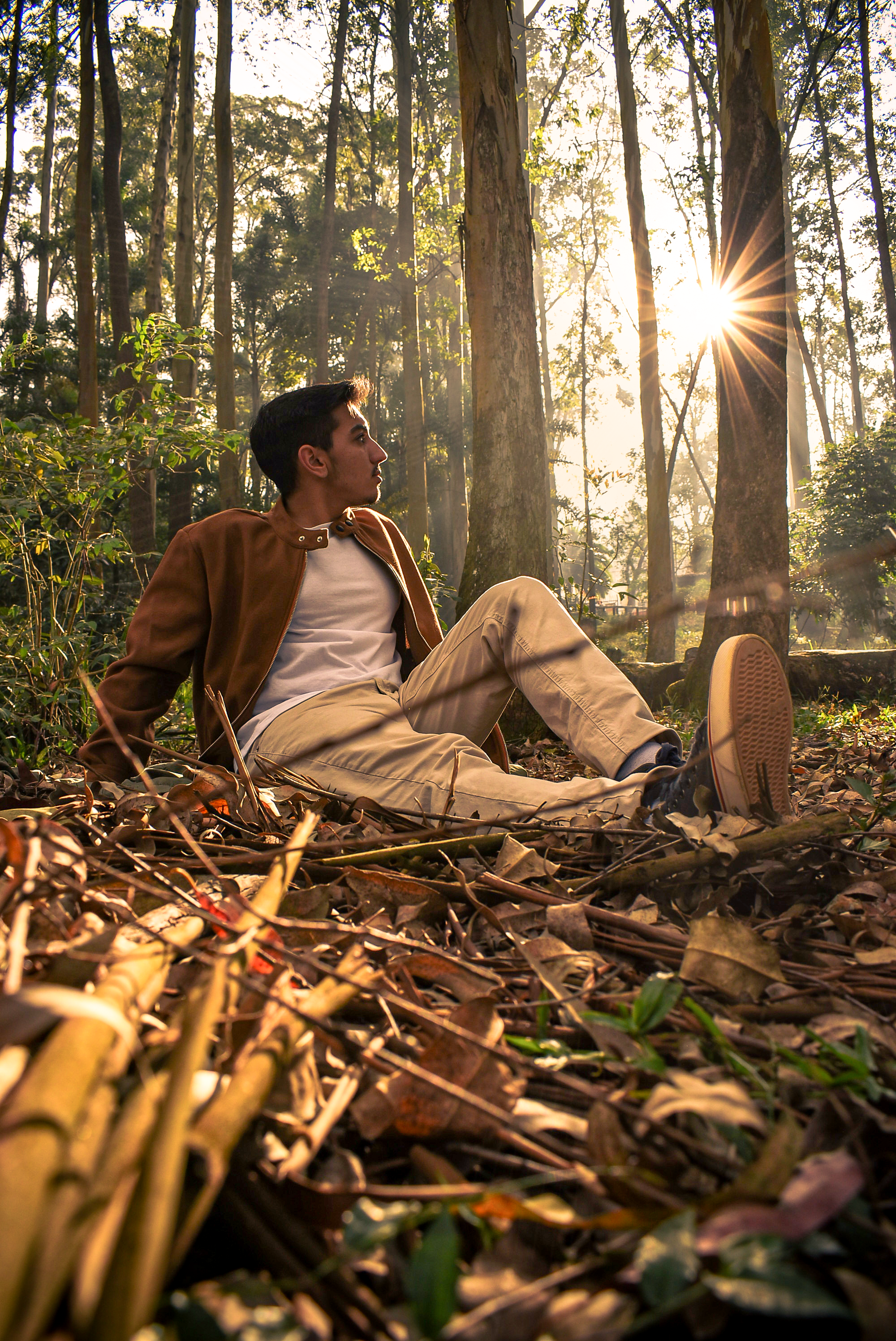 Man in Jacket Sitting in Forest and Posing · Free Stock Photo