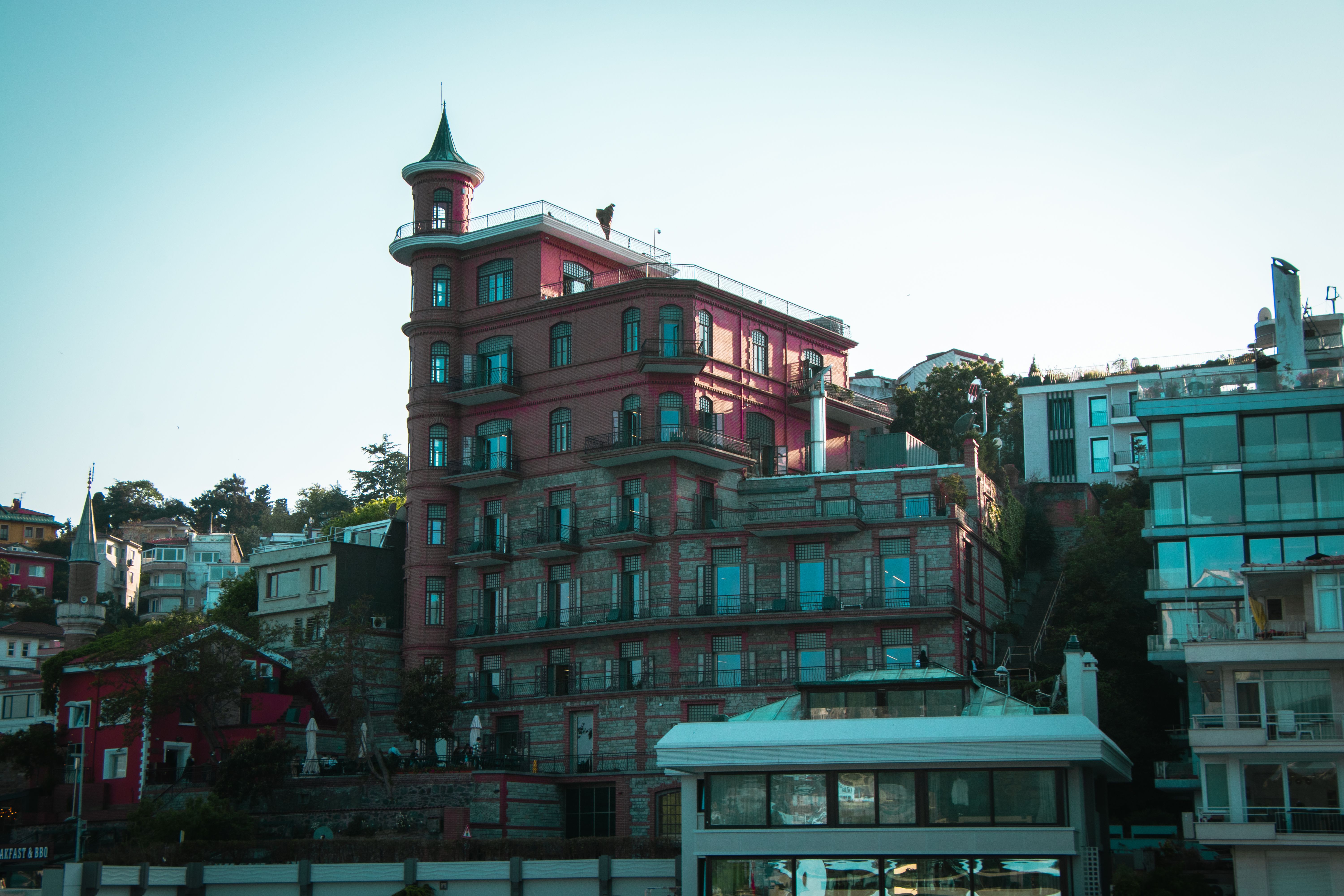 Scenic view of Yusuf Ziya Pasa Kosku, a historic landmark in Istanbul, with a backdrop of clear skies.