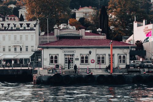 Free Charming view of Buyukdere ferry station along Istanbul's scenic coast. Stock Photo