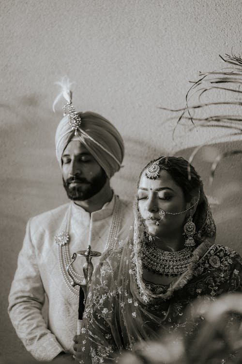 Newlyweds in Traditional Clothing in Black and White