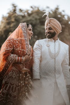 Smiling Indian couple in traditional attire during their wedding ceremony outdoors.