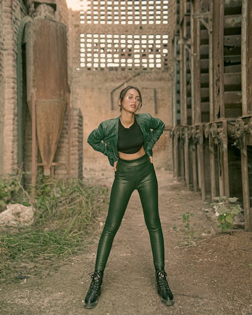 Woman Posing in Black, Leather Clothes