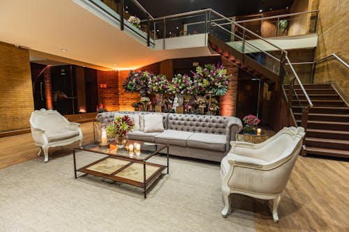 Hotel Lobby with flowers in Vases and Candles