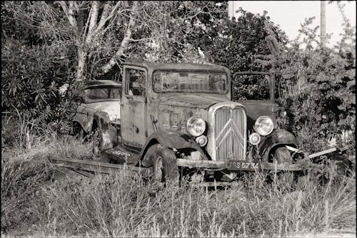 An Abandoned Rusty Truck on a Field 