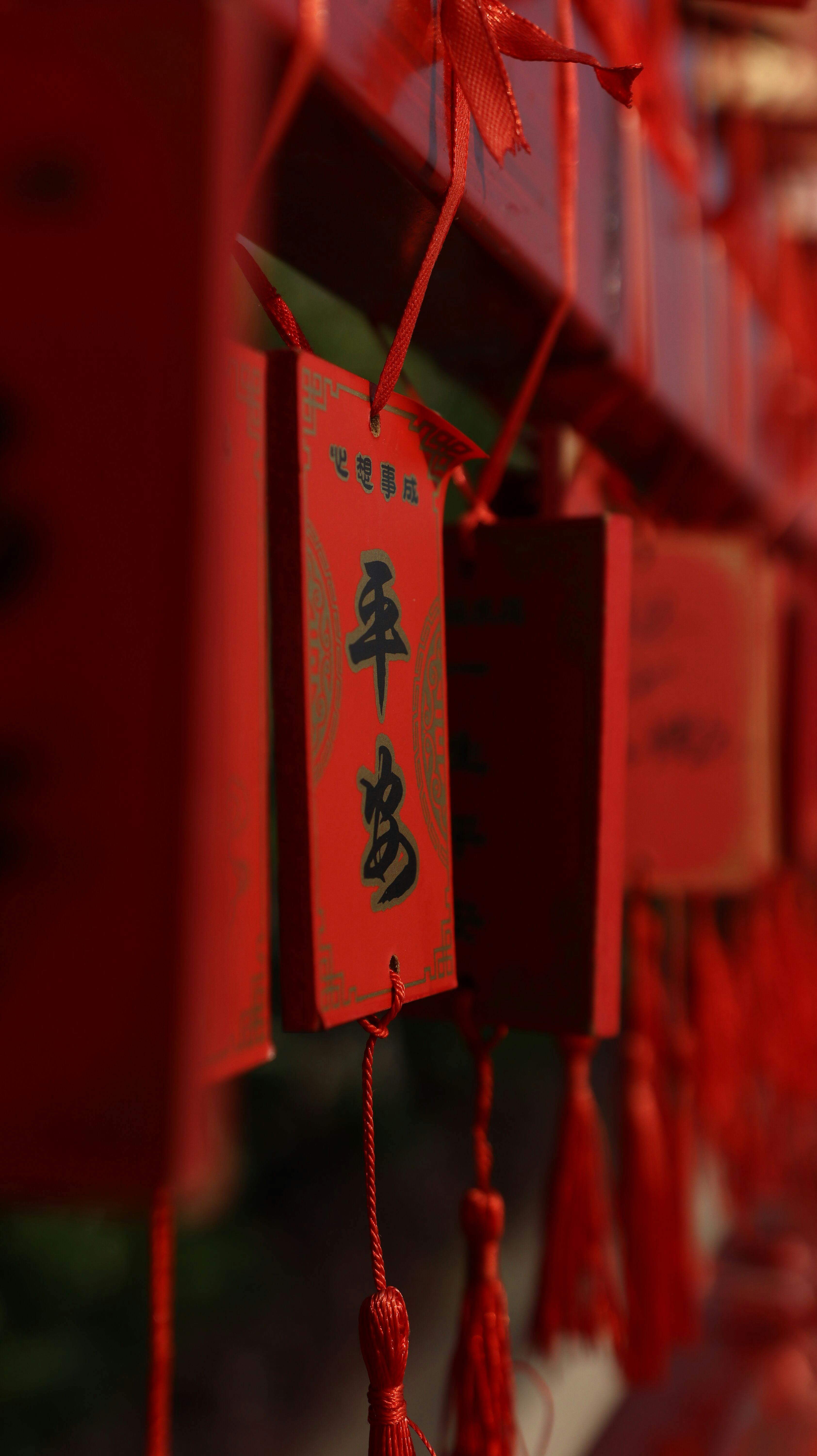 Close-up of red wooden prayer plaques hanging in a Buddhist temple, symbolizing tranquility and hope.
