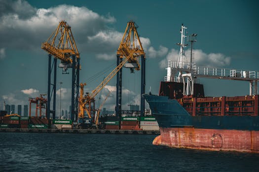 Cargo ship and cranes at a bustling port in Istanbul, showcasing industrial logistics.