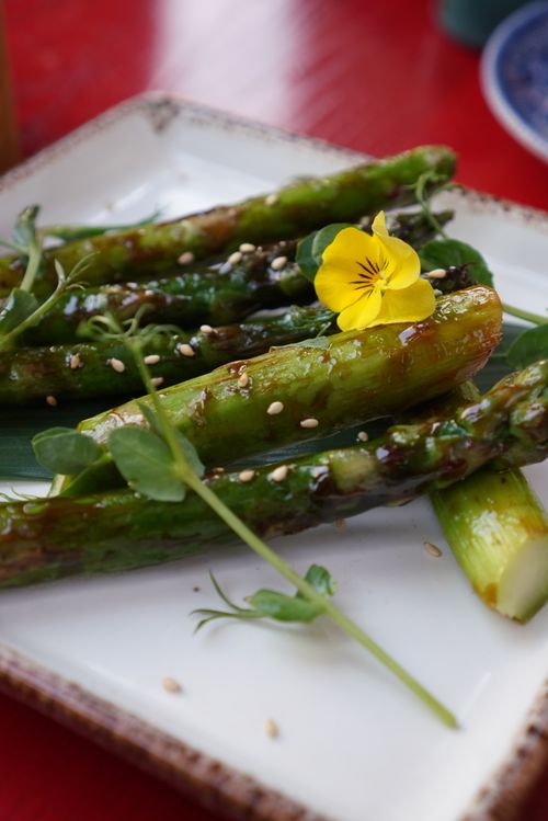 Free Appetizing dish of fresh asparagus with sesame and edible flower. Stock Photo