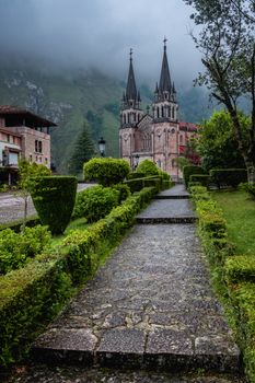 Stunning view of the gothic style Basilica de Santa Maria la Real in Covadonga, Spain.