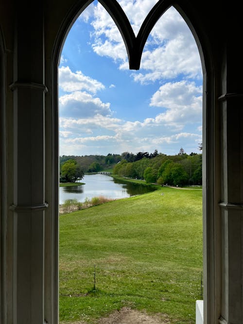 Free River Landscape from Window of Gothic Temple in Painshill Stock Photo
