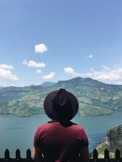 Man Looking at a Scenic View of Mountains and Lake