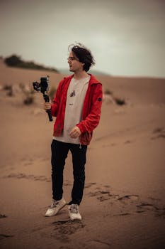 A man in a red jacket stands in a vast sandy desert, holding a camcorder with footprints trailing behind.