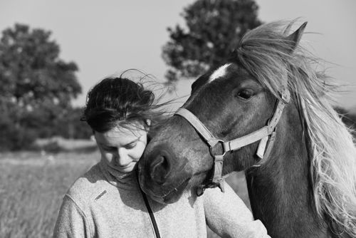 Free A serene outdoor black and white image of a woman and a horse in a meadow. Stock Photo