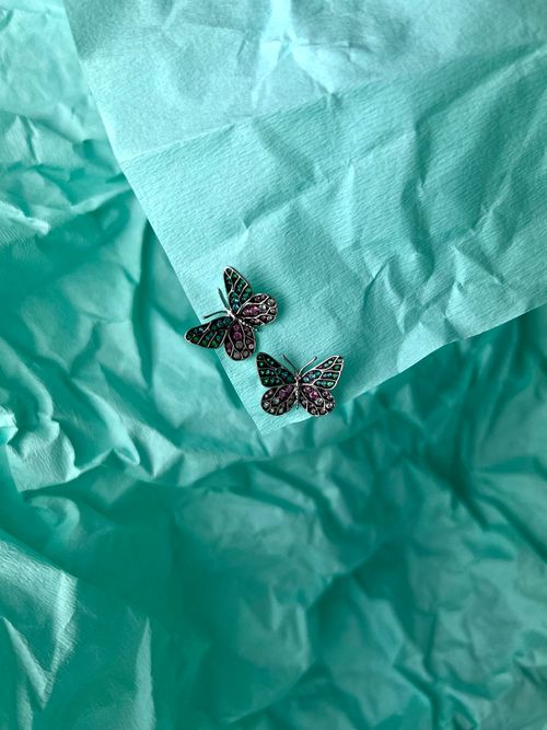 Free Stylish butterfly earrings displayed on a textured teal crumpled paper background. Stock Photo