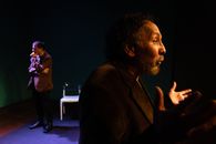 A captivating scene of two actors performing on stage in Lima, Peru.