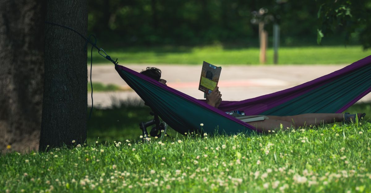 Person reading a physical book in a hammock