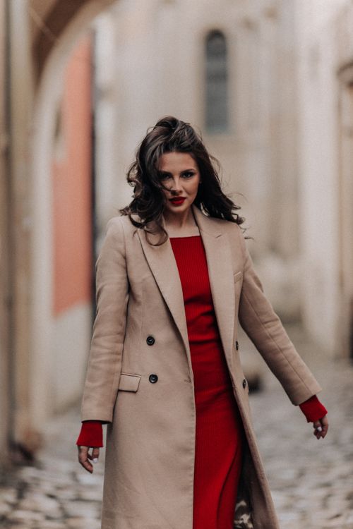coat for red dress Wrap Midi Dress Coat, Winter Pleated Jacket for Women | Lavinia