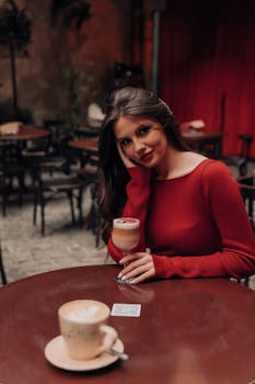 Brunette woman in red dress enjoying a coffee at an elegant cafe.