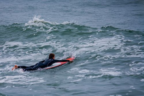 Free A surfer in a wetsuit paddles on a red surfboard amidst ocean waves. Stock Photo