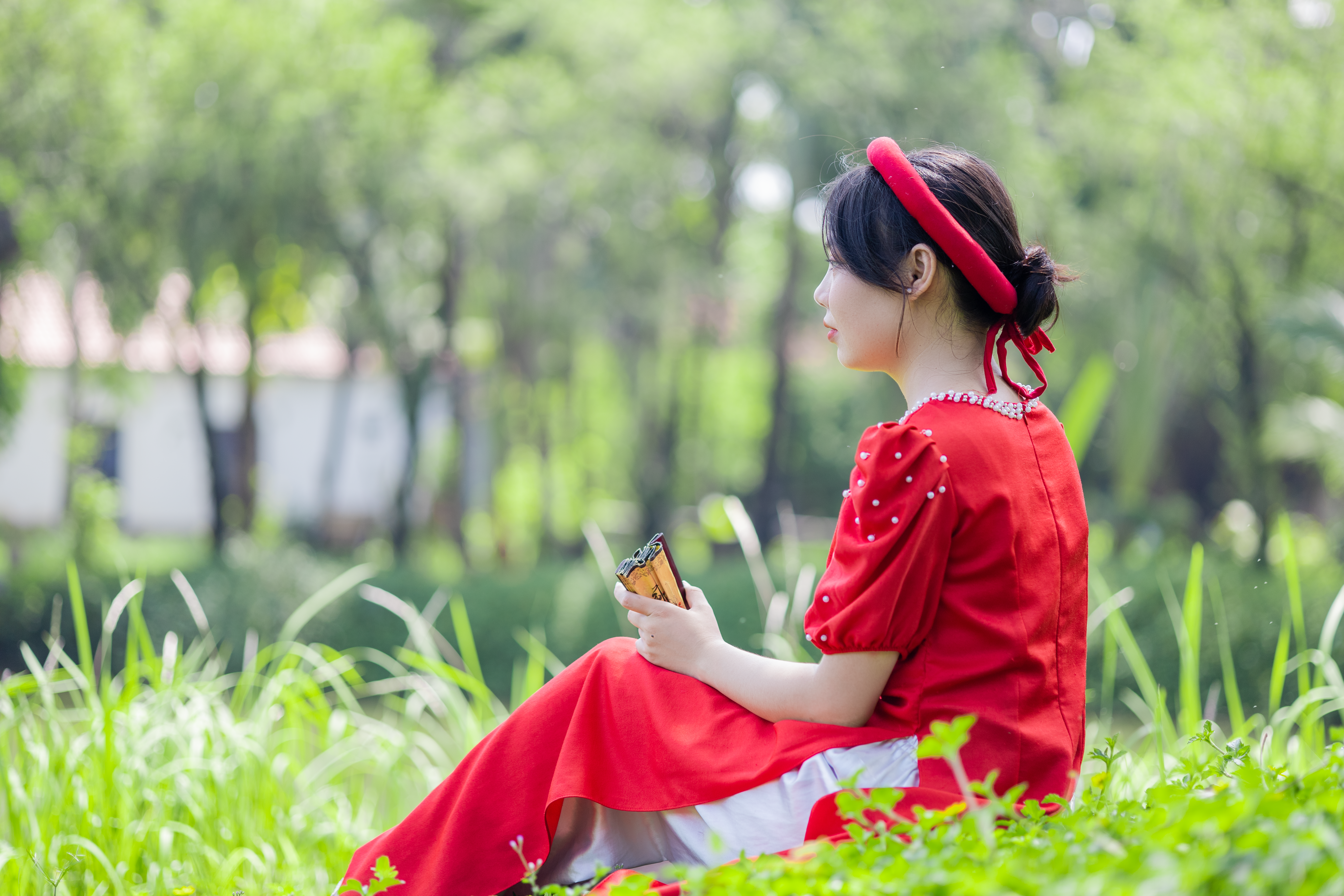 Woman in Traditional Dress Sitting on Grass · Free Stock Photo