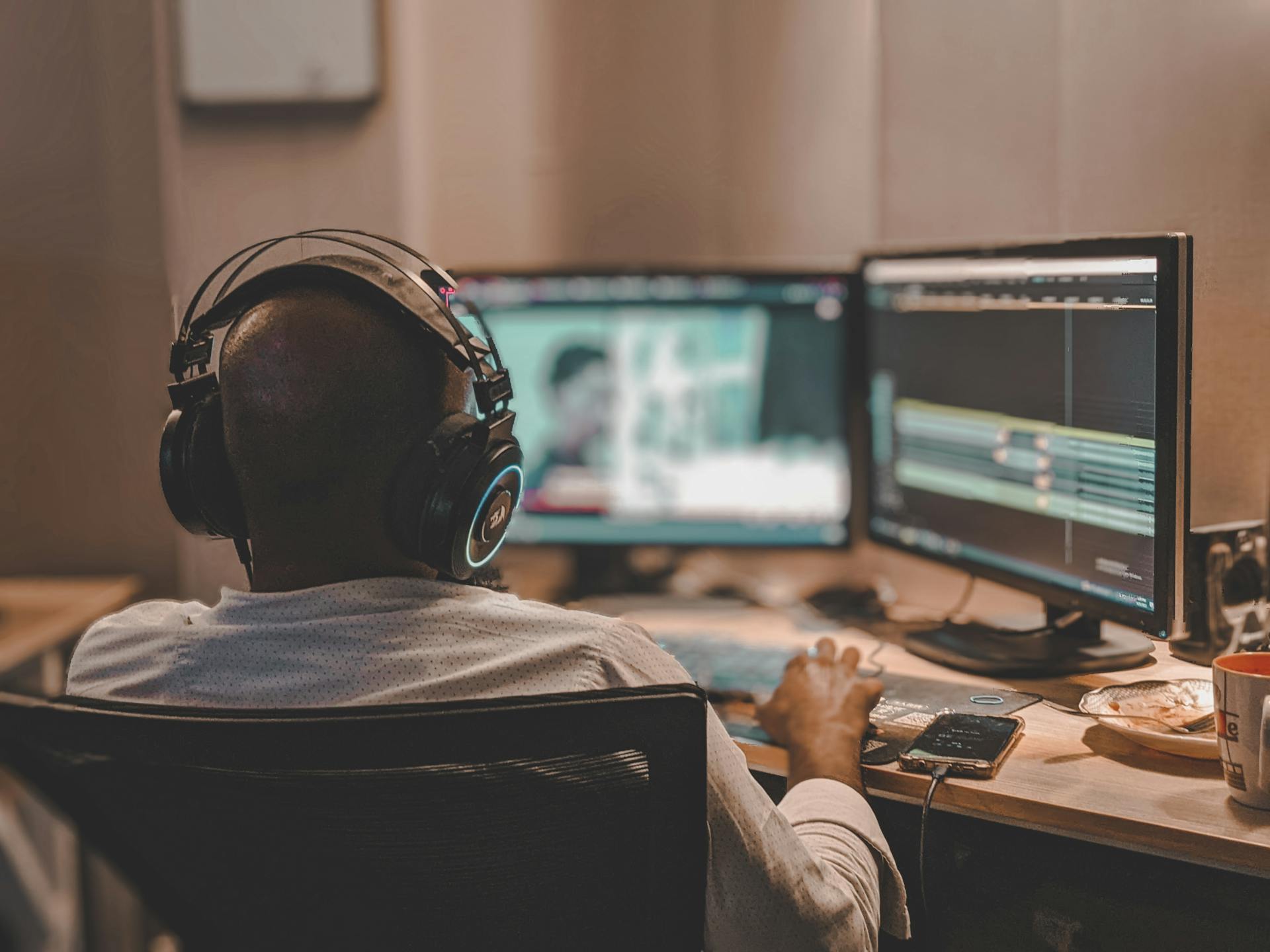 Back view of a man with headphones working on video editing in Lahore office.