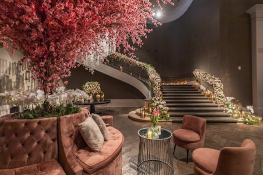 Luxurious interior with grand staircase and stunning floral decorations.