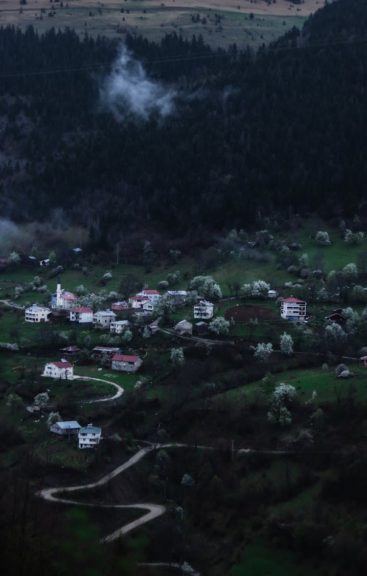 Aerial Panorama Of A Village In A Mountain Valley