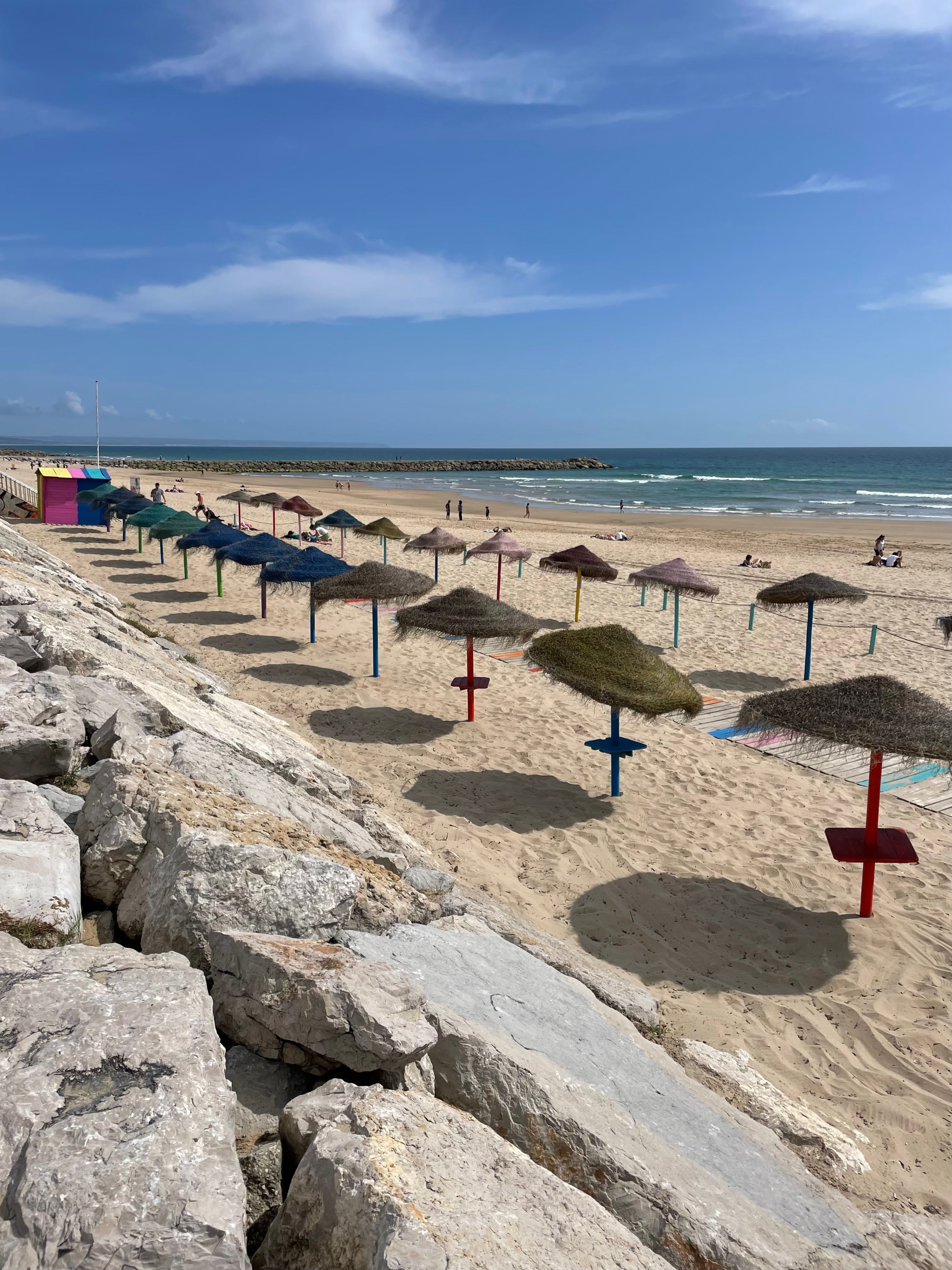 Rows of Straw Umbrellas on Beach by Sea Shore · Free Stock Photo