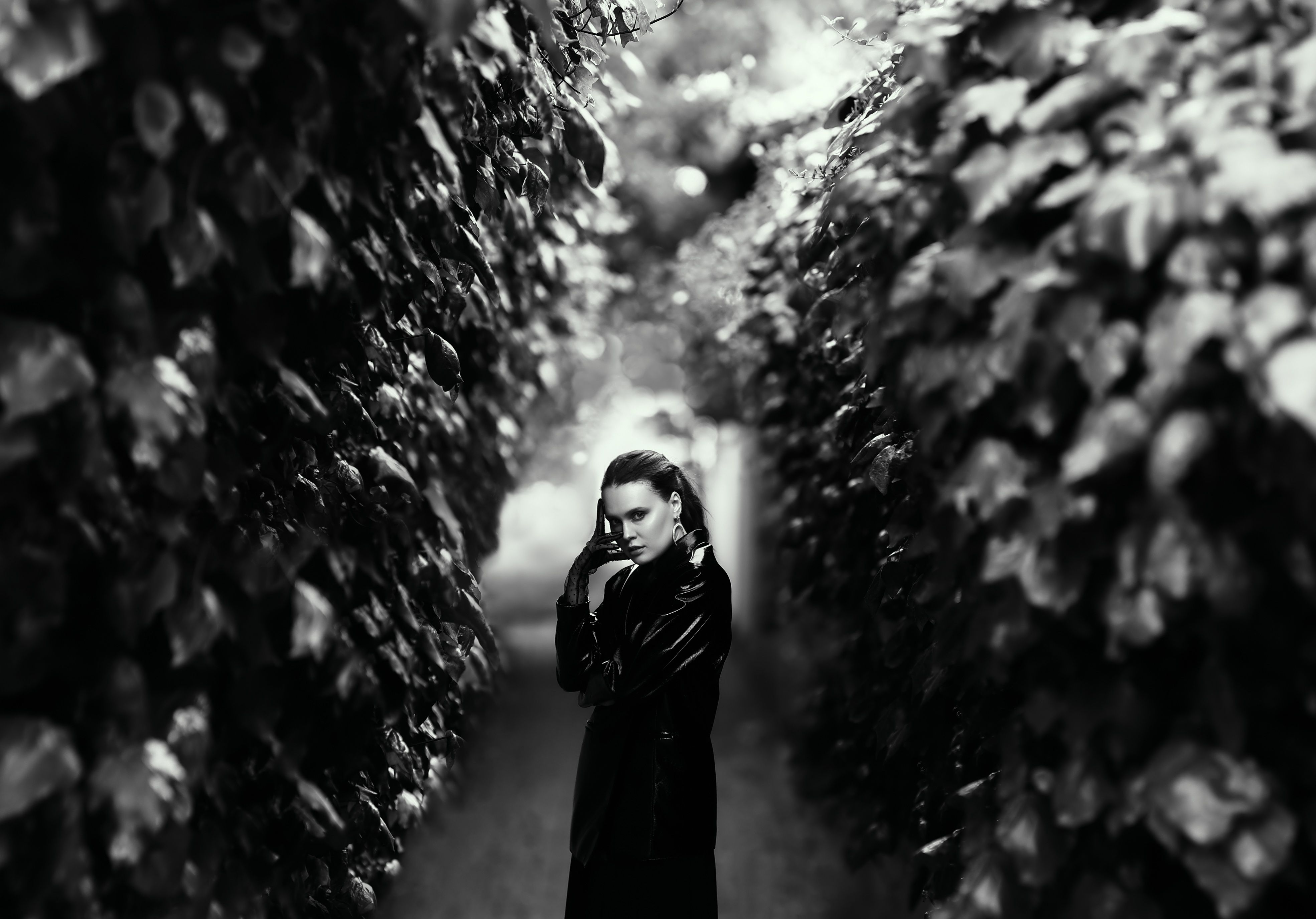 Woman Posing in Leather Coat among Hedges · Free Stock Photo