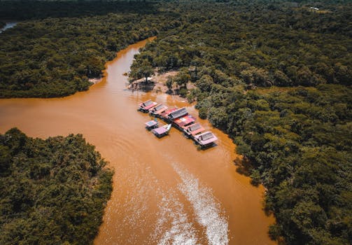 A stunning aerial view of a tranquil village situated on the Amazon River, surrounded by lush Peruvian rainforest.