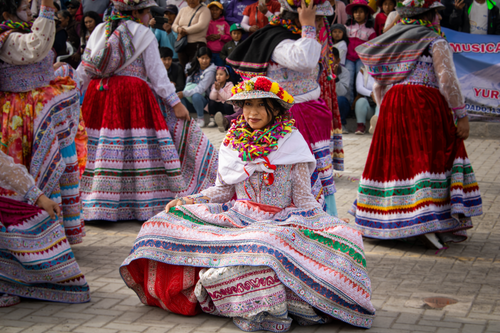 Free Peruvian dancers in traditional clothing performing at a cultural festival in Chivay, Arequipa. Stock Photo