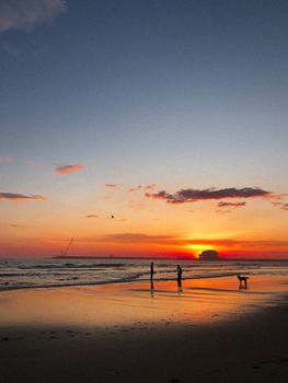 Silhouetted people and dog on a tranquil beach during a vibrant sunset.