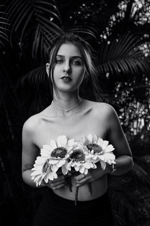 Portrait of Topless Woman with Flowers