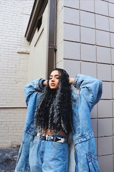 Stylish young woman posing in denim outfit against urban backdrop. Fashion statement in modern setting.